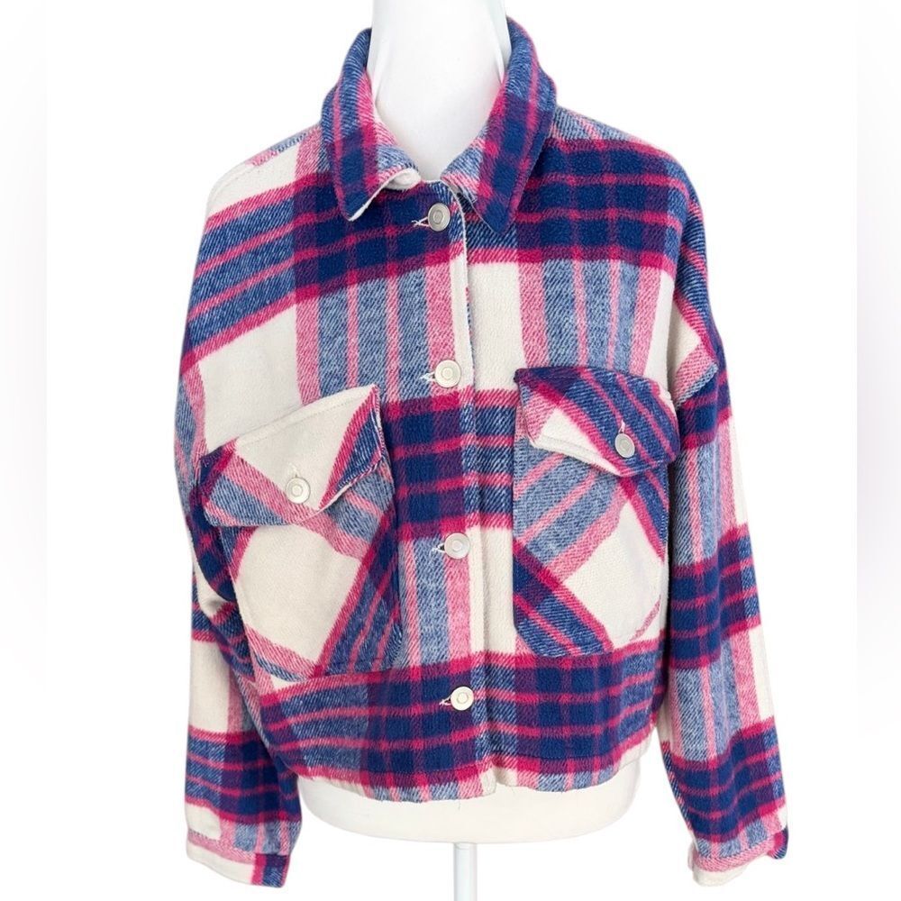 Ci Sono Plaid Collection Crop Jacket , Pink, blue& cream, button front size S